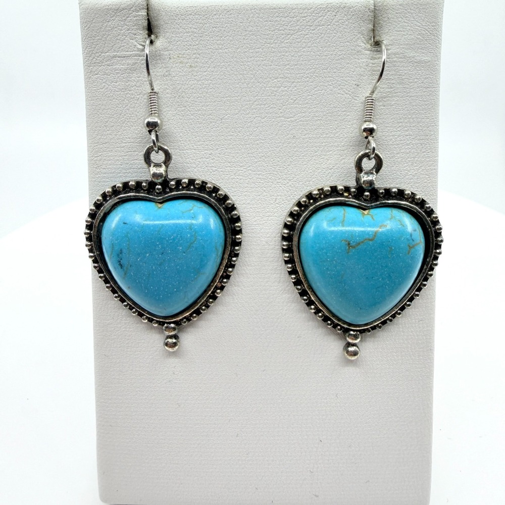 Vintage Y2K Silver Tone Faux Turquoise Heart Dangle Drop Earrings Southwestern